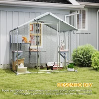 PawHut Gaiola para Gatos de Exterior Recinto para Gatos com Cobertura Impermeável 420D Plataformas para 5 Gatos 200x170x195 cm Prata(m-6)