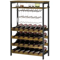 HOMCOM Suporte para Vinho para 24 Garrafas Estilo Industrial com Suporte para Copos e Prateleira Aberta 66x30x100,3 cm Castanho Rústico(m-11)