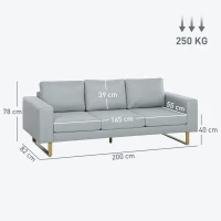 HOMCOM 3-Sitzer-Sofa, Couch mit Vollholzrahmen, Metallbeine, schlichtes Design, Hellgrau(m-3)