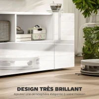 HOMCOM Meuble TV, banc TV, meuble de télévision, jusqu'à 60 pouces, avec lumières LED, 2 étagères et placards, panneau de porte brillant, 137 x 35 x 42 cm, blanc(m-4)