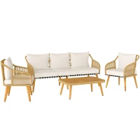 Outsunny Conjunto de Jardim em Vime com Almofadas Móveis de Exterior com 2 Poltronas Sofá de 3 Lugares Mesa Creme e Madeira(m-10)