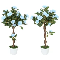 Outsunny Set of 2 Artificial Plants White Rose Floral in Pot, Fake Plants for Home Indoor Decor, 90cm, Light Blue(m-1)