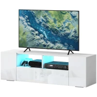 HOMCOM Meuble TV, banc TV, meuble de télévision, jusqu'à 60 pouces, avec lumières LED, 2 étagères et placards, panneau de porte brillant, 137 x 35 x 42 cm, blanc(m-1)