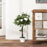 Outsunny Artificial Plants White Rose Floral in Pot, Fake Plants for Home Indoor Decor, 90cm(m-4)