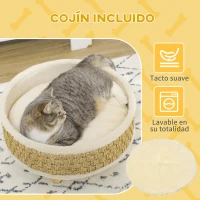 PawHut Cama para Perros Miniaturas con Cojín Lavable Cuerda de Seagrass y Marco de Madera Ø48x24,5 cm Beige(m-6)