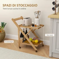HOMCOM Carrello da Cucina Portavivande Pieghevole a 2 Livelli con Portabottiglie in Legno di Bambù(m-4)