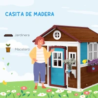 Outsunny Casita de Madera Infantil con Puerta Ventanas Jardineras y Repisas con Detalles de Color 114x126,4x135 cm Marrón Oscuro(m-4)