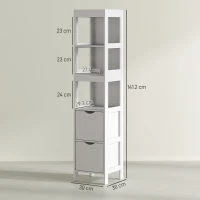 HOMCOM Mobilier de Baie cu 3 Rafturi Deschise și 2 Sertare, 30x30x141.2 cm, Alb(m-3)