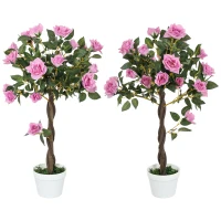 Outsunny Set of 2 Artificial Plants White Rose Floral in Pot, Fake Plants for Home Indoor Decor, 90cm, Purple(m-1)