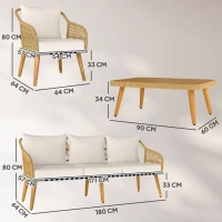 Outsunny Conjunto de Jardim em Vime com Almofadas Móveis de Exterior com 2 Poltronas Sofá de 3 Lugares Mesa Creme e Madeira(m-3)