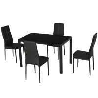 HOMCOM Set 5 Pezzi con 1 Tavolo e 4 Sedie per Cucina o Sala da Pranzo in Finta Pelle, Metallo e Vetro Temperato, Nero(m-13)
