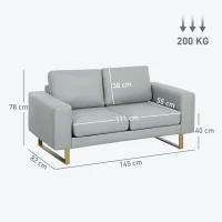 HOMCOM 2-Sitzer-Sofa, Couch mit Vollholzrahmen, Metallbeine, schlichtes Design, Hellgrau(m-3)