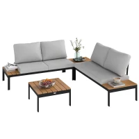 Outsunny Four-Piece Garden Corner Sofa Set with 2 Loveseats and 2 Coffee Tables - Teak(m-10)