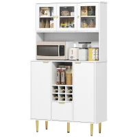 HOMCOM Alacena de Cocina Moderna con Armarios Cajón Botellero y Puertas de Vidrio y Estantes Ajustables 100x40x180 cm Blanco(m-11)