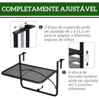Outsunny Mesa Suspensa para Varanda com Braço Regulável e Altura Ajustável em 3 Posições Estrutura de Metal 60x56,5x45 cm Preto(m-4)