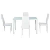 HOMCOM Set 5 Pezzi con 1 Tavolo e 4 Sedie per Cucina o Sala da Pranzo in Finta Pelle, Metallo e Vetro Temperato, Bianco(m-13)