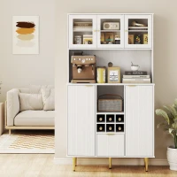 HOMCOM Alacena de Cocina Moderna con Armarios Cajón Botellero y Puertas de Vidrio y Estantes Ajustables 100x40x180 cm Blanco(m-8)