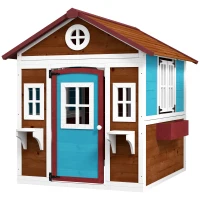 Outsunny Casita de Madera Infantil con Puerta Ventanas Jardineras y Repisas con Detalles de Color 114x126,4x135 cm Marrón Oscuro(m-10)