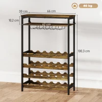 HOMCOM Suporte para Vinho para 24 Garrafas Estilo Industrial com Suporte para Copos e Prateleira Aberta 66x30x100,3 cm Castanho Rústico(m-3)