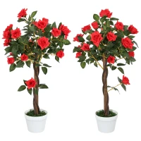 Outsunny Set of 2 Artificial Plants White Rose Floral in Pot, Fake Plants for Home Indoor Decor, 90cm, Red(m-1)