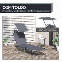 Outsunny Espreguiçadeira de Jardim Dobrável com Toldo Removível e Ajustável em Ângulo e Encosto Ajustável em 4 Posições para Jardim Terraço Campismo Exterior 187x58x36cm Cinza(m-6)