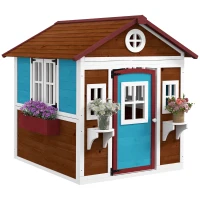 Outsunny Casita de Madera Infantil con Puerta Ventanas Jardineras y Repisas con Detalles de Color 114x126,4x135 cm Marrón Oscuro(m-1)