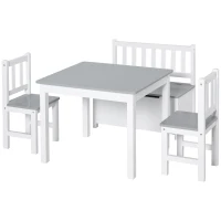 HOMCOM 4-Piece Kids Table and Chair Set with 2 Wooden Chairs, 1 Storage Bench, and Interesting Modern Design, Grey/White(m-1)