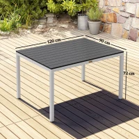 Outsunny Mesa de Refeição para Jardim Retangular com Estrutura de Alumínio Imitação Madeira e Bancada em Ripas 120x90x72 cm Preto(m-3)