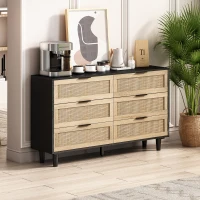 Mobiletto Portaoggetti in Rattan con 6 Cassetti per Camera da Letto e Soggiorno, Cassettiera in Truciolato di Alta Qualità, 130x40x75 cm, Nero(m-9)