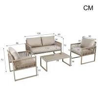Ensemble de salon de jardin, ensemble de meubles de jardin moderne 4 pièces en corde avec coussins de siège, Kaki(m-3)