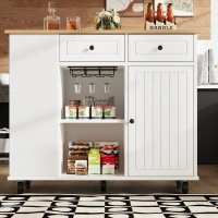 Insulă de bucătărie cu blat de lucru reglabil și spațiu de depozitare, Cărucior pliabil, 120x42x91,5 cm, Alb(m-5)