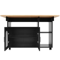 Îlot de cuisine moderne, chariot de service multifonctionnel avec espace de rangement et armoires à porte vitrée, 120×30×79,5 cm, Noir+Couleur naturelle(m-10)