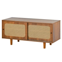 Scarpiera con Seduta per Ingresso e Soggiorno, Stile Vntage e Classica, Ante Scorrevoli in Rattan, 104x40x48 cm, Colore Noce(m-5)