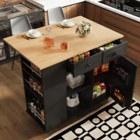 Insulă de bucătărie cu blat de lucru reglabil și spațiu de depozitare, Cărucior pliabil, 120x42x91,5 cm, Negru(m-5)