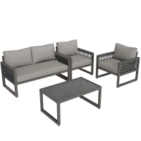 Conjunto de Salón de Jardín Conjunto de Muebles de Jardín Moderno de 4 Piezas de Cuerda con Cojines de Asiento Gris(m-13)