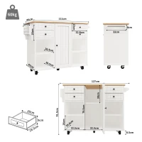 Îlot de cuisine moderne, espace de rangement multifonctionnel, 127×46×91,5 cm, Blanc(m-3)