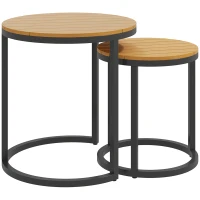 Outsunny Conjunto de 2 Mesas de Jardim com Bancada de Madeira de Acácia Design Ripas Mesas Auxiliares de Jardim Empilháveis Teca e Preto(m-1)