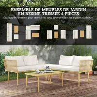 Outsunny Salon de jardin extérieur en résine tressée 5 places modulable 2 canapés, pouf et table basse, coussins inclus, crème(m-4)
