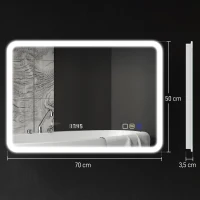 HOMCOM Espelho de Casa de Banho com Luz LED 70x50 cm Bluetooth 3 Cores de Luz Relógio Digital Função Antiembaciamento Função de Memória Prata(m-3)