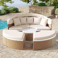 Ensemble de fauteuils de jardin-lounge, île ensoleillée avec baldaquin rétractable et plateau de table relevable, Beige(m-5)