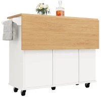 Insulă de bucătărie cu blat de lucru reglabil și spațiu de depozitare, Cărucior pliabil, 120x42x91,5 cm, Alb(m-12)