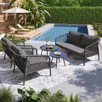 Set da giardino, Set di divani da esterno moderno con piano del tavolo in vetro e cuscini di seduta e schienale, Grigio(m-4)