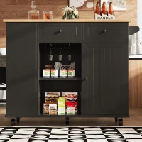 Insulă de bucătărie cu blat de lucru reglabil și spațiu de depozitare, Cărucior pliabil, 120x42x91,5 cm, Negru(m-4)