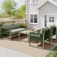 Ensemble de salon de jardin, ensemble de meubles de jardin moderne en 4 pièces en corde avec coussins de siège, Vert(m-4)