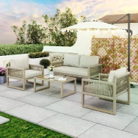 Ensemble de salon de jardin, ensemble de meubles de jardin moderne 4 pièces en corde avec coussins de siège, Kaki(m-4)