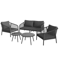 Set da giardino, Set di divani da esterno moderno con piano del tavolo in vetro e cuscini di seduta e schienale, Grigio(m-2)