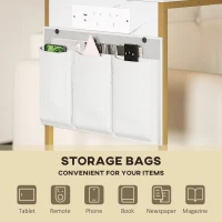 HOMCOM C-Shaped Bedside Table with Charging Station, Marble Grain Side Table with Power Outlets & USB Ports, Storage Bags, for Bedroom, Living Room, White(m-6)