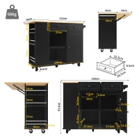 Insulă de bucătărie cu blat de lucru reglabil și spațiu de depozitare, Cărucior pliabil, 120x42x91,5 cm, Negru(m-3)