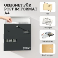 HOMCOM Briefkasten, Wandmontage, Abschließbar, Sichtfenster, Stahl, Grau(m-8)