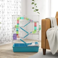 PawHut 6 Tier Hamster Cage, Small Animal Cage with Tubes, Exercise Wheel, Ramps, Hut, Food Dish, Water Bottle, Light Blue(m-8)